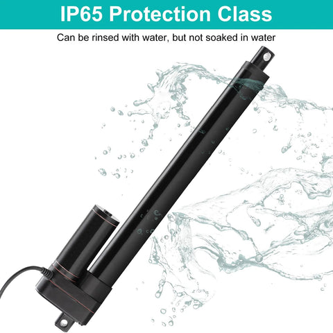 JQDML 24V linear actuator with mounting bracket, side view, IP65 waterproof