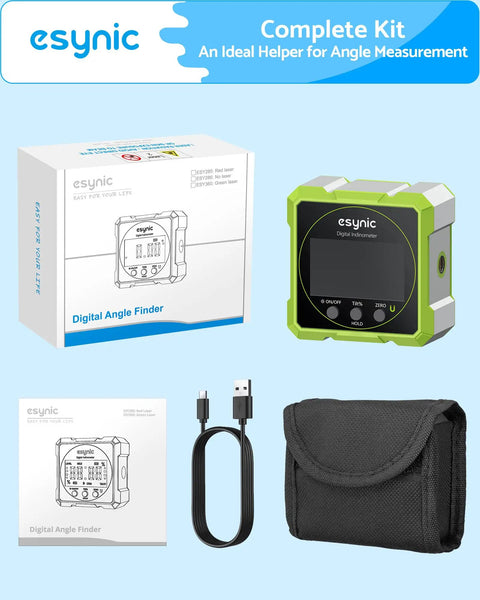 Heavy Duty Digital Angle Finder With Waterproof Magnetic Inclinometer And Type C Fast Charge For Built Tough Construction Projects And Hvac Fixes On The Fly Featuring Crisp Lcd Screen kit including inclinometer, USB cable, and carrying case.