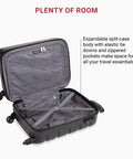 SwissGear 7366 black expandable hardside carry-on luggage with spinner wheels; open interior with cross straps