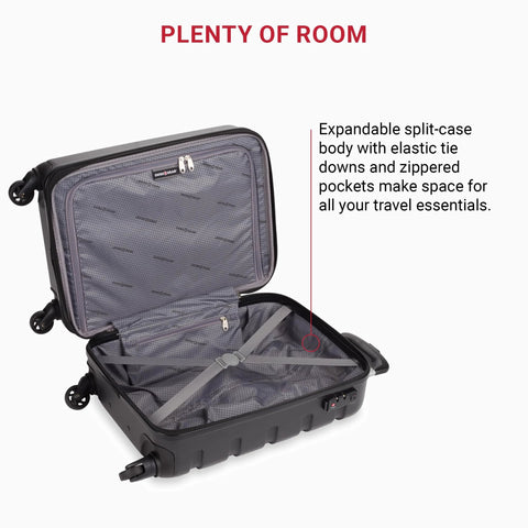SwissGear 7366 black expandable hardside carry-on luggage with spinner wheels; open interior with cross straps