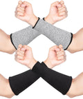 Solid Cut Resistant Forearm Sleeves With A Grippy Nonslip Fit And Thick Reinforced Seaming worn on arms in black and gray colors.