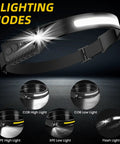 Rechargeable LED Headlamp With 230 Degree Wide COB Beam For Ultra Wide Night Vision And All Hands Free Lighting, Five Modes