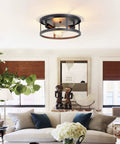 Living room with 2 Pack 13 Inch Matte Black Flush Mount Ceiling Light Fixture, open frame design, E26 base, industrial farmhouse style.