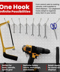 100 Pack Pegboard Hooks 6 Inch J Style Metal Pegboard Shelving Hooks Bulk Wholesale Lot For Garage And Workshop displayed with tools