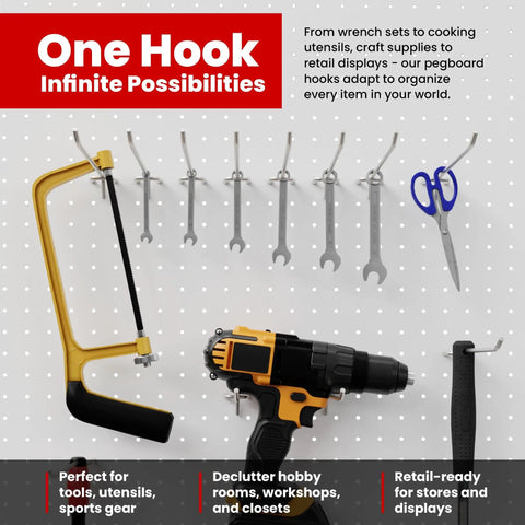 100 Pack Pegboard Hooks 6 Inch J Style Metal Pegboard Shelving Hooks Bulk Wholesale Lot For Garage And Workshop displayed with tools