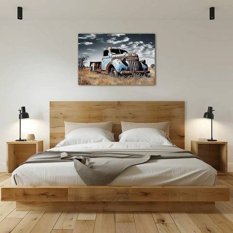 Old Blue Truck Wall Art Canvas Print Vintage Car Rustic Pickup Farmhouse Decor For Kitchen And Country Living Walls 12x18 Inch Classic Old Truck Painting For Cozy Farmhouse Charm above a bed