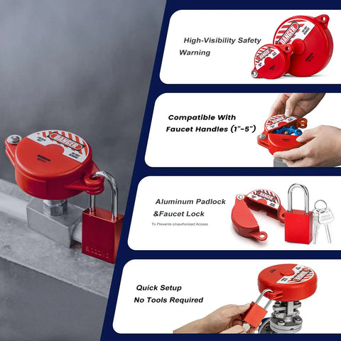 Red ABS Gate Valve Lockout with Padlock, installed on faucet, high-visibility safety warning, fits 2.5-5 inch handles, tool-free setup.