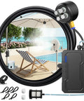 Magnetic Portable Misting System With Rechargeable 6000mAh Pump by a pool with fan, hose, and nozzle attachments