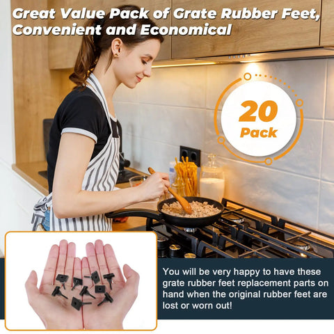 RV Stove Grate Feet Bumpers 20 Pack Heavy-Duty Rubber Feet Replacement for Gas Range Grates with chef cooking and product close-up