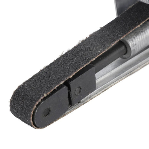 Close-up of Compact Mini Air Belt Sander With Variable Speed Pneumatic Angled Grip includes sanding belt for precise wood and metal work.