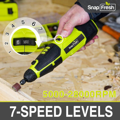 Person using 12V Cordless Rotary Tool Kit with Flex Shaft and 7 Variable Speeds, showing speed dial and sturdy grip in action.