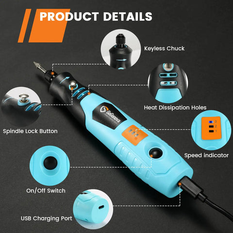 All Purpose Cordless Rotary Tool With Three Speed Settings 5000 12000 18000 RPM Rechargeable Mini Power Tool with labeled parts