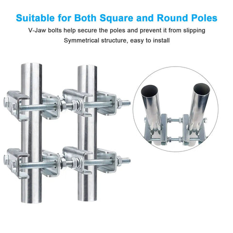 Two Sets Beefy Mast-To-Mast Clamp Bracket Kit With V Jaw Blocks For 1 To 2.5 Inch OD Poles Heavy Duty Mounting Hardware For Ham TV Antennas Security Cameras Weather Stations, galvanized steel