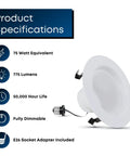 4-Inch LED Recessed Downlight Retrofit Kit With Pre-Mounted Trim And Standard Base Adapter 2700K Soft White Dimmable 75W Equivalent