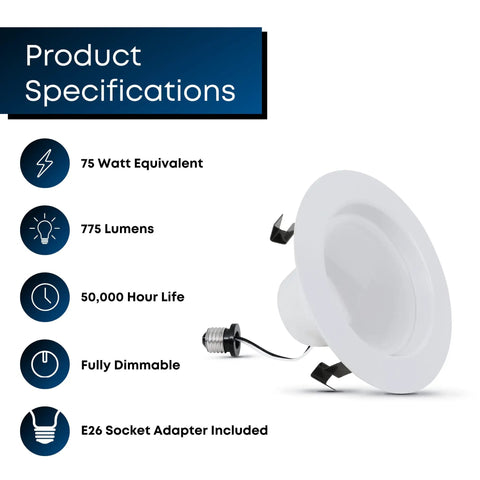 4-Inch LED Recessed Downlight Retrofit Kit With Pre-Mounted Trim And Standard Base Adapter 2700K Soft White Dimmable 75W Equivalent