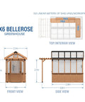 Dimensions of Bellerose Walk In Greenhouse Kit With Cedar Wood And Polycarbonate Panels shown from front, side, and top views.