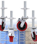 Top Notch Four Pack Adjustable Leveling Scaffolding Wheels With Rock Solid Screw Jack Base Feet For Tubular Frames Heavy Duty Ball Bearing Rolling Casters displayed from multiple angles