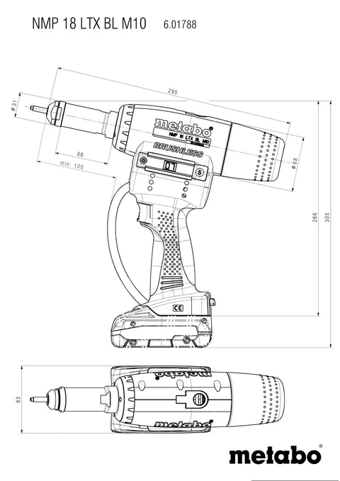 Top Shelf 18V Cordless Rivet Nut Gun With Hella Precision Adjustable Settings Quick Bite Mandrels Auto Reverse Reset And Bright LED Work Lights For Real Trade Shop Grind And Heavy Fabrication side view and technical dimensions schematic