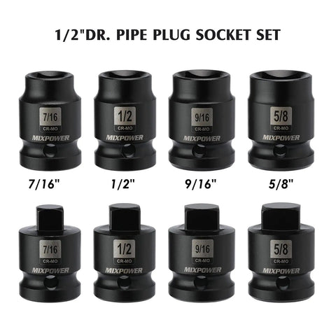Beefy Eight Piece One Half Inch Drive Pipe Plug Socket Set SAE Chrome Molybdenum Steel CRMO with Tapered Male Square Drive