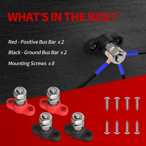 Badass 12V 150A Power Distribution Block Four Pack Premium Copper Busbar Terminal includes red, black bus bars and screws.