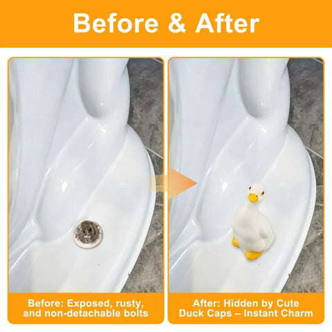 Before and after of toilet bolts covered with Heckin Cute Duck Toilet Bolt Covers With Ceramic Snap On Screw Caps For Base Bolts.