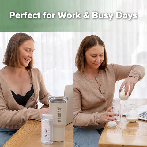 Double Wall Portable Breastmilk Cooler With Thirty Oz Capacity Keeps Fresh Nursing Storage Ice Cold For Twenty Hours Straight Up shown in use by busy moms.