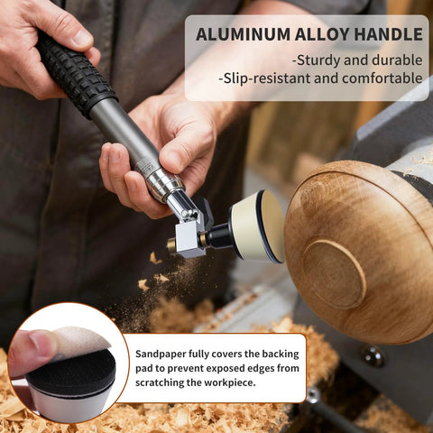 RUITOOL bowl sander with aluminum handle and dual bearing head sanding a wooden bowl on a lathe using hook-and-loop discs