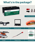Package contents of 36V LiFePO4 Battery Pack For Golf Carts Solar Panels And Trolling Motors 3.84kWh Capacity With 200A BMS