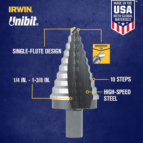 High Speed Steel Fractional Self-Starting Step Drill Bit For Metal, 12-Size Range From 1/4 To 1-3/8 Inch By 1/8 Inch, SpeedPoint Tip Prevents Walking, Delivers Clean, Smooth Holes, 1/2 Inch Hex Shank