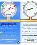 Comparison of Glycerin Filled Stainless Steel Pressure Gauge 0 to 100 PSI, 1.5 Inch Dial, 1/8 NPT Back Mount with a dry gauge.