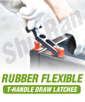 Orange Flexible T Handle Draw Latches 8 Pack Replacement Rubber Latches For Coolers Boats Golf Carts Tool Boxes Off Road Vehicles Farm Machinery Built To Last Easy Install And Secure Latching shown installed on a cooler.