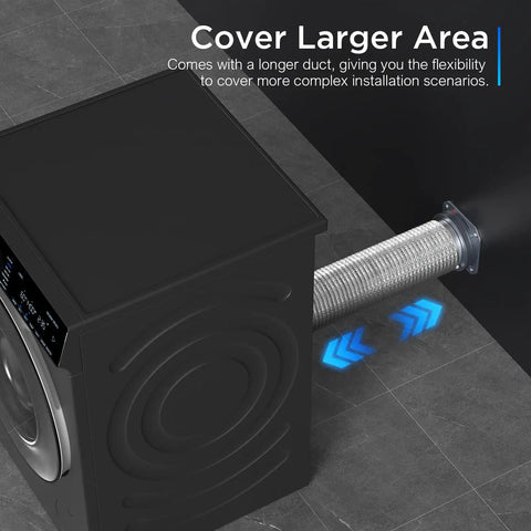 Magnetic Dryer Vent Connector Kit With No-Fuss Quick Connect Tech, 4-Inch Duct, 2.6ft Length attached to dryer.