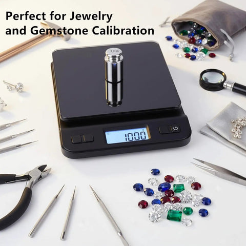 Digital scale with chrome weight from 5Pc Calibration Weights Set 1g 2g 5g 10g 20g Premium Chrome Steel for Digital Scale Balance Jewelry Kitchen Craft Precision Calibration Weight Set For Accurate Measurements.