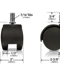 Black 2-inch office chair caster wheel replacement showing dimensions, including universal 7/16-inch stem fitting, smooth rolling on floors.