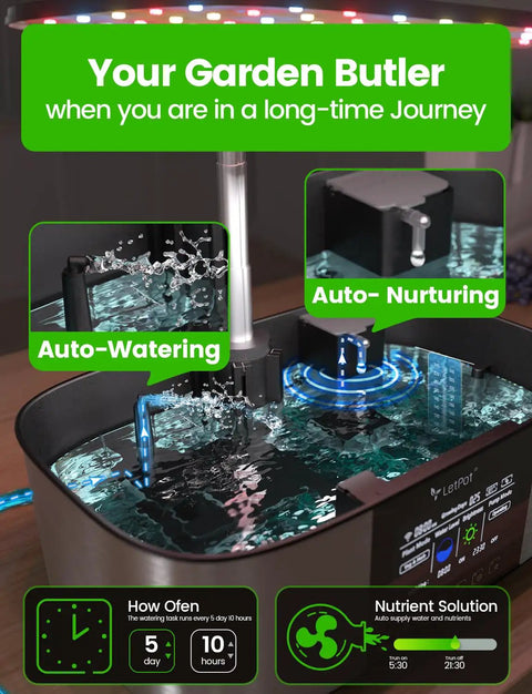 Smart Indoor Hydroponics System With 21 Pods App And WiFi Control 36W LED Grow Light showing auto-watering feature