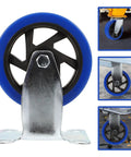 Heavy Duty Five Inch Fixed Workbench Caster Wheels With Premium Black Rubber Tires For Rock Solid Industrial Cart Rolling And Dead Quiet Smooth Glide in blue with silver plate.