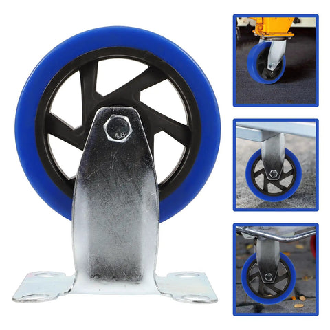 Heavy Duty Five Inch Fixed Workbench Caster Wheels With Premium Black Rubber Tires For Rock Solid Industrial Cart Rolling And Dead Quiet Smooth Glide in blue with silver plate.