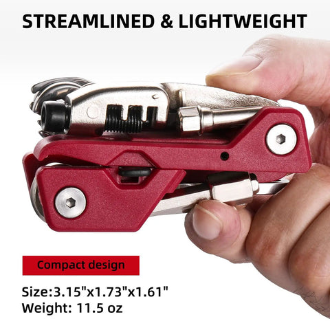 Person holding Bike Repair Multitool Kit 21 In 1 With Carry Case Portable Cycling Tool Set, showing compact design and dimensions.