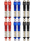 Four Pack Metal RC Shock Absorbers 70 80 90 100 110 120mm Damper Set for One Tenth RC Crawlers Including Axial SCX10 TRX4 D90 D110 RR10 CC01 Black 80mm Upgrade for Smoother Ride and Balanced Handling displayed in red, blue, and black.