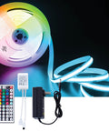 Dimmable 24V RGB COB LED Strip Light Kit 16.4ft UL Listed 12W/M Flexible Cuttable Lighting For Bedroom Kitchen DIY Home Decor With IR Remote And Power Supply Included - showing coiled LED strip, remote, and power adapter