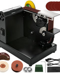 SporGain Mini Belt Sander With Seven Adjustable Speeds And Dual 90 Degree Worktables, compact black sander with multiple accessories.