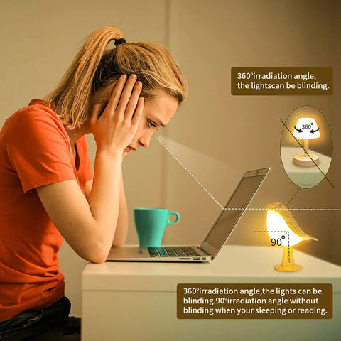 Woman working at desk with Cordless Bird Night Light With Touch Dimmer, Rechargeable Hummingbird Bedside Lamp For Bedroom Or Desk