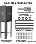 4x4 Post Anchor for Wet Concrete 14 Inch U Shape Fence Post Base with Hardware Kit, complete 4-pack solution shown with tools and accessories.
