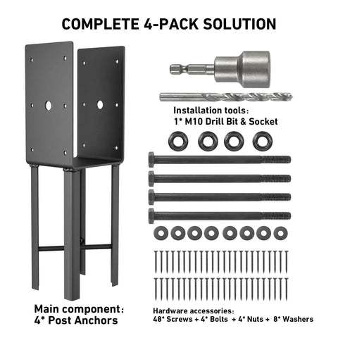4x4 Post Anchor for Wet Concrete 14 Inch U Shape Fence Post Base with Hardware Kit, complete 4-pack solution shown with tools and accessories.