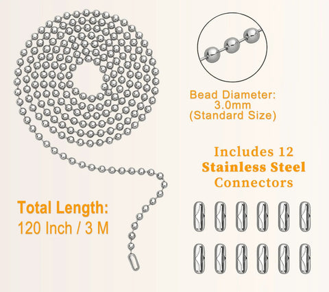 120 Inch Ceiling Fan Pull Chain Extender With Stainless Steel Ball Chain 12 Connectors, adjustable cut to size, 3mm bead diameter.