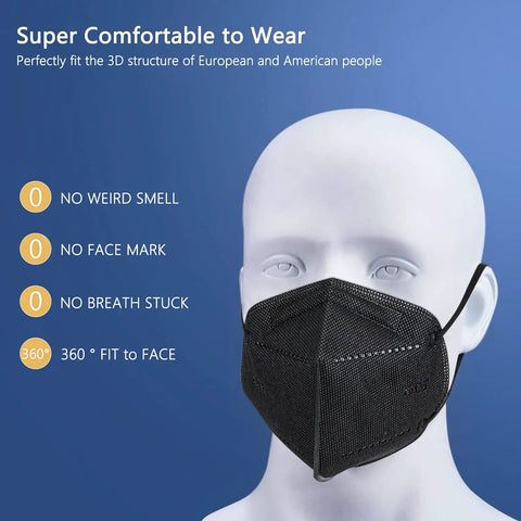 Model wearing a black KN95 Face Mask 60 Pack Individually Wrapped 5 Layer Breathable Masks With Comfortable Elastic Ear Loops And Adjustable Metal Nose Clip 95 Percent Filter Efficiency For All Day Everyday Wear