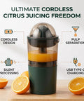 Asixxsix Portable Electric Citrus Juicer In Dark Green 400ml Cordless Handheld Fruit Press Machine With Built In Pulp Filter showing silent operation and pulp separation features.
