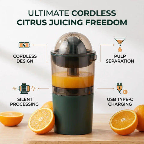 Asixxsix Portable Electric Citrus Juicer In Dark Green 400ml Cordless Handheld Fruit Press Machine With Built In Pulp Filter showing silent operation and pulp separation features.