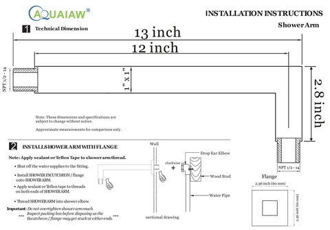 Square Shower Arm With Anti Scratch O Ring Flange 12 Inch Solid Brass Soldered 90 Degree Drop One Half NPT Tapered Threads Matte Black Wall Mount Rain Shower Extension installation diagram