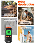 Pin Type Wood Moisture Meter For Firewood And Lumber With Drywall And Building Materials Readings, Direct Contact Pins, 0.0 To 58.0 Percent Range, Two Percent Accuracy, Seven Material Modes For Fast DIY And Pro Timber Checks. Firewood, woodworking, and building material use shown.